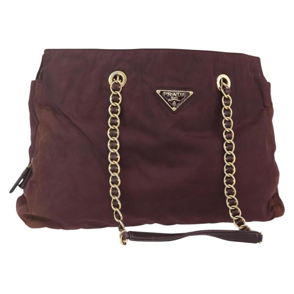 PRADA Chain Tote Bag Nylon Bordeaux Gold Auth ar13821 - Picture 1 of 16